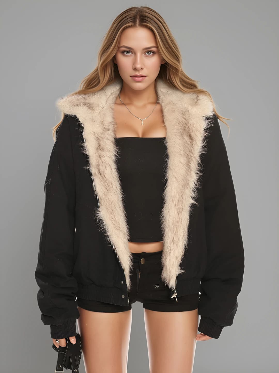 Women's winter jacket with fur collar, retro style, thickened, loose fit, zip closure, long sleeve, solid colour