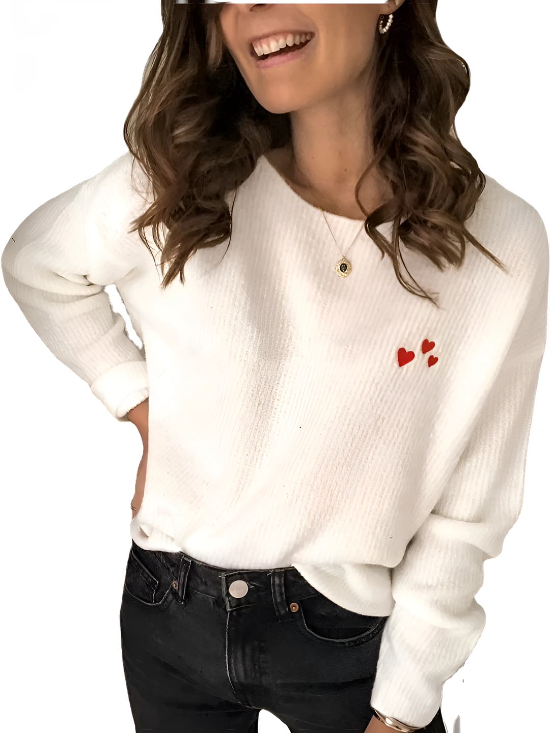 Women's autumn-winter long-sleeve base top, solid colour, embroidered, printed, loose fit, crew neck