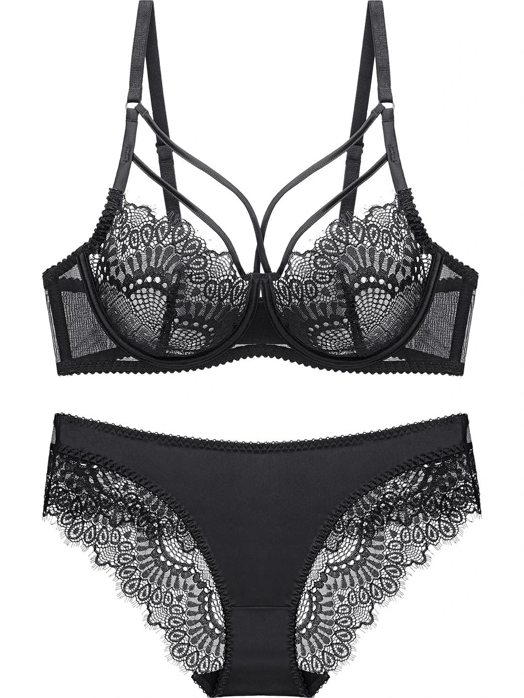 Women's ultra-thin lace underwear set: bra and briefs, breathable, lift support, minimizes large bust appearance