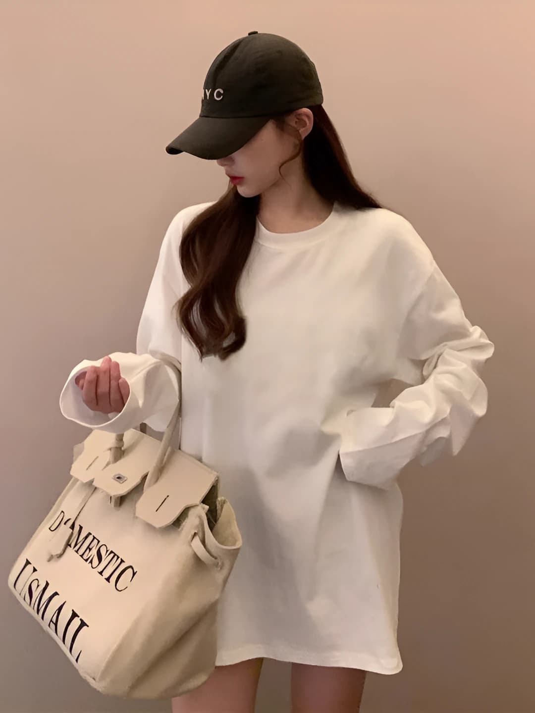 Women's white long-sleeve base top, crew neck, loose fit, pure cotton, winter, solid colour, casual