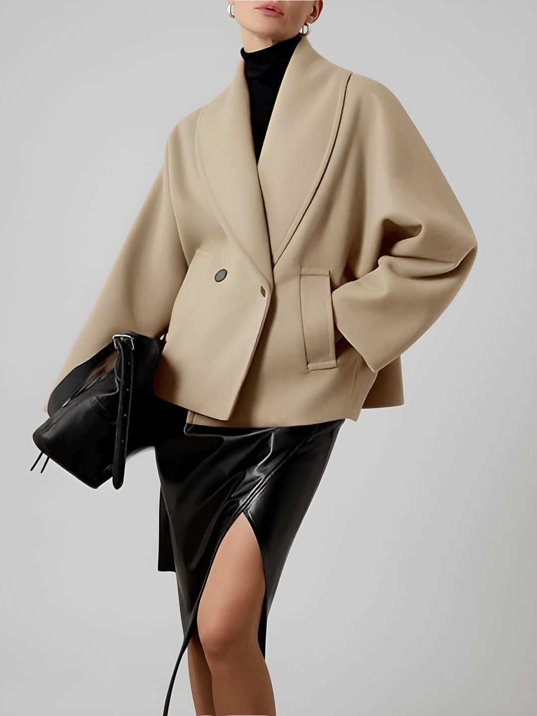 Women's mid-length coat, loose fit, stand collar, batwing sleeves, solid colour, double-breasted