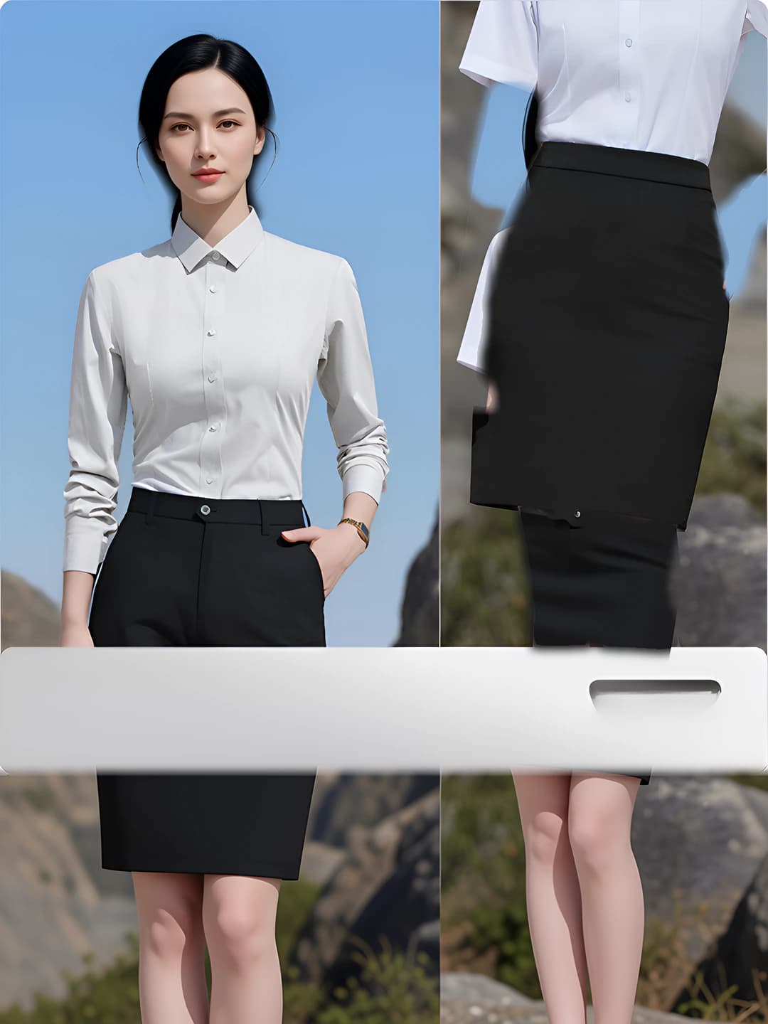 Women's long sleeve, grey houndstooth + black skirt