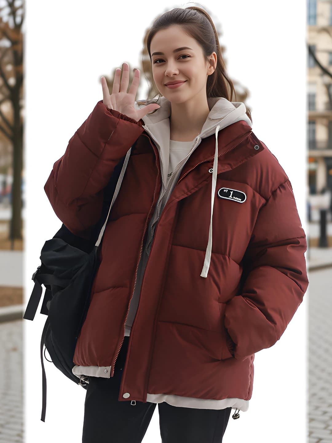 Women's winter down jacket, casual retro style, loose fit, thickened down-alternative fill, long sleeve, zip closure