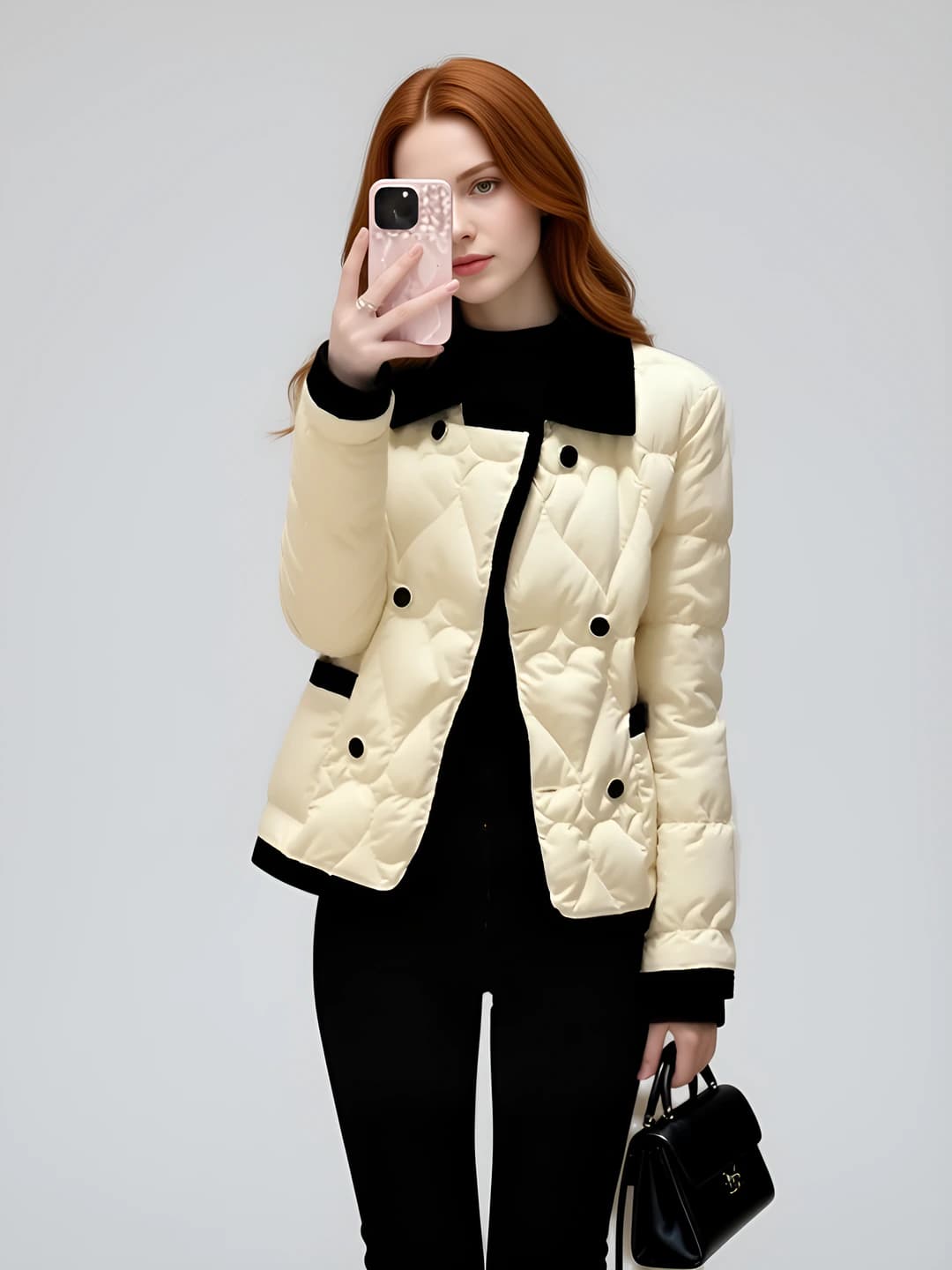 Women's thickened padded jacket with lapel collar, long sleeve, cropped, down jackets and winter coats