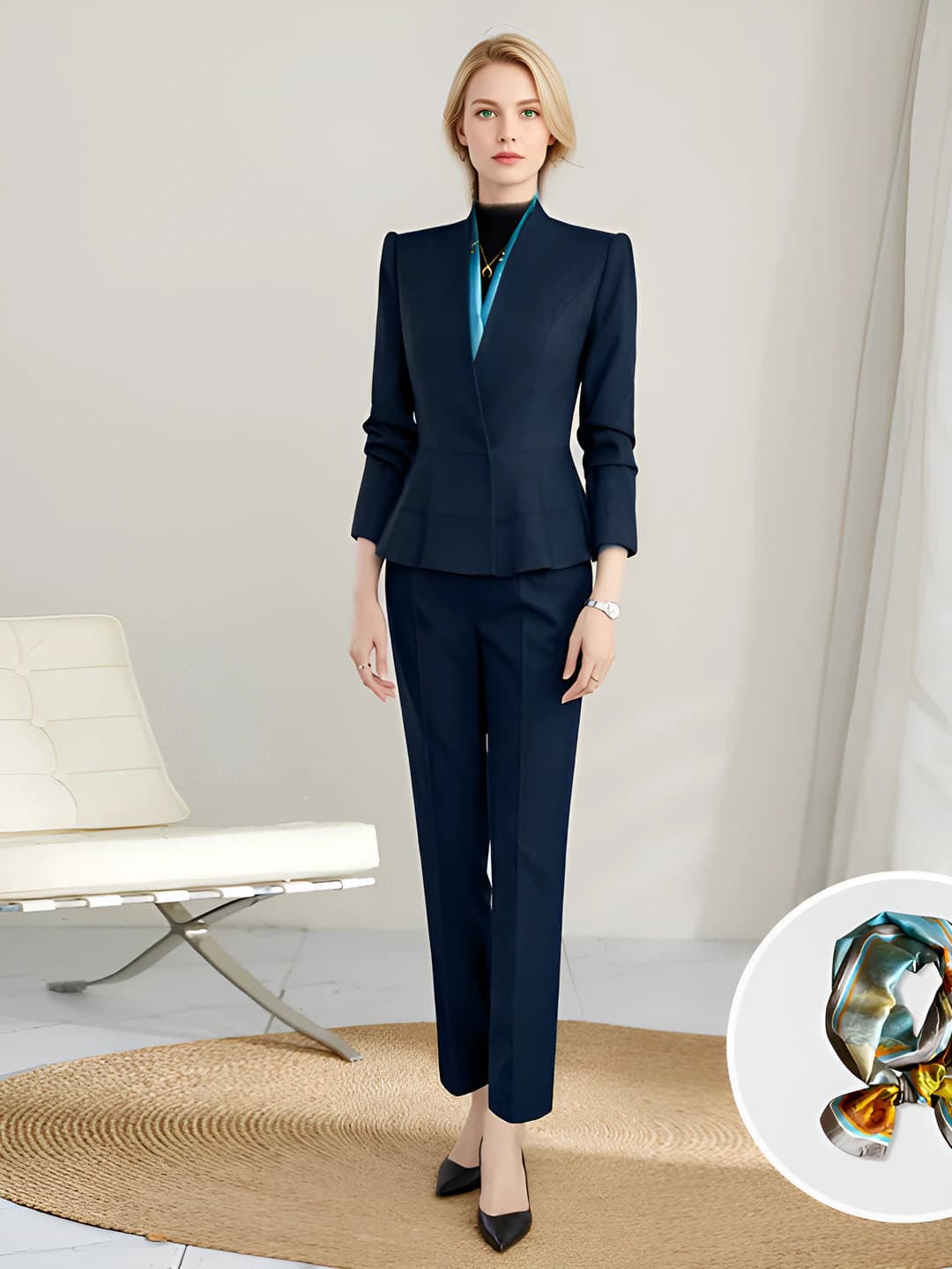 Navy, long sleeve, suit + trousers (with scarf)