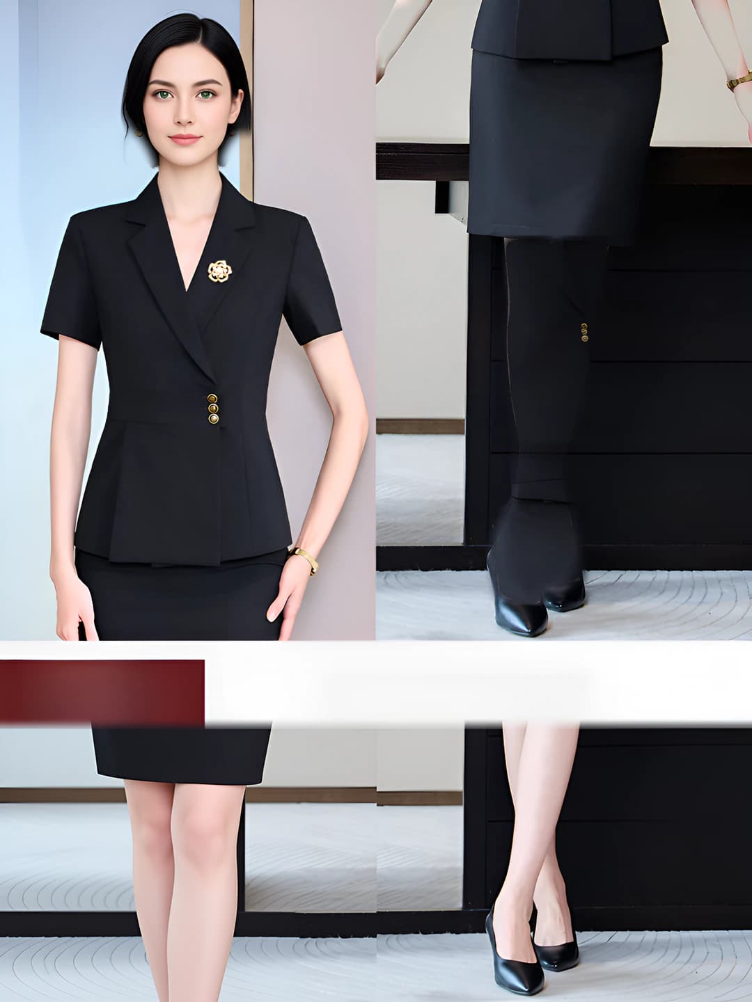 Black short-sleeve suit + black skirt