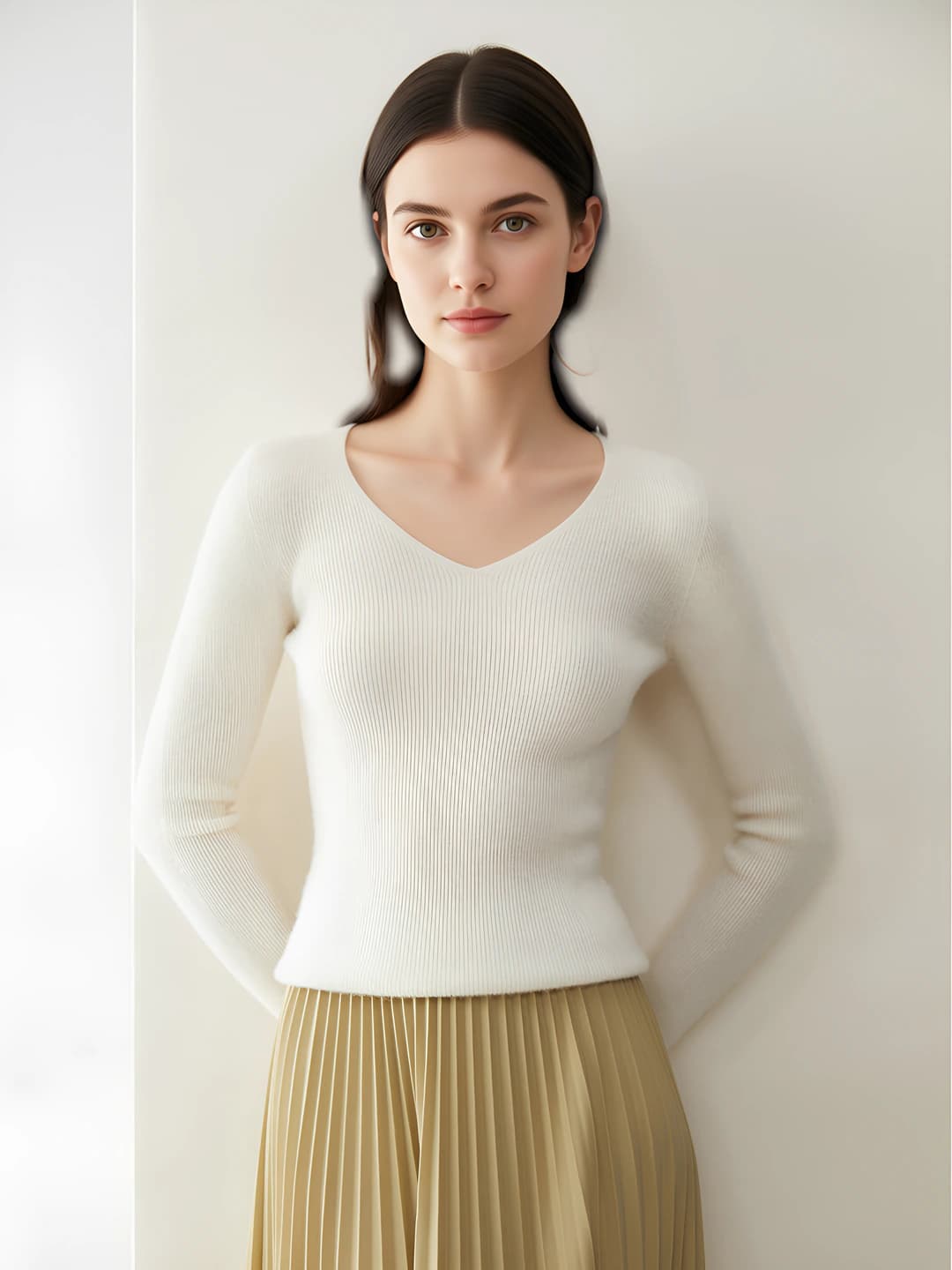 Ayollar uchun kashemir pullover sviter, V-yoqa, tanaga yopishgan, uzun yeng, bir rangli, kuz-qish