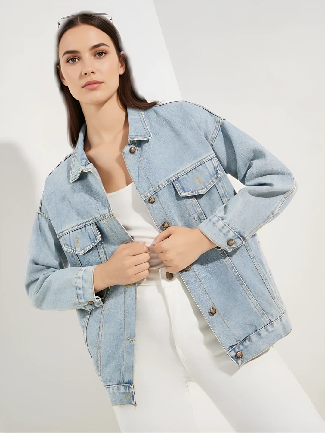 Ayollar uchun yengil kurtka va vetrovkalar: bo'sh (oversize) kesim, qaytarma yoqa, uzun yeng, bahor-kuz mavsumi uchun ko'k rangli denim kurtka
