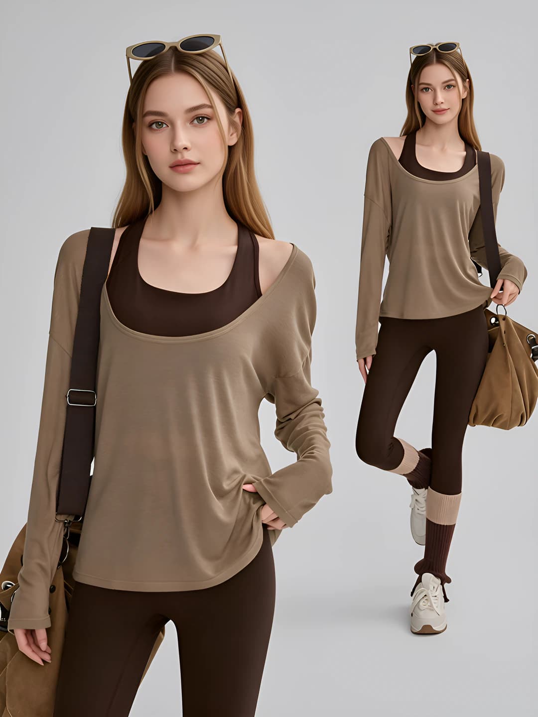 Women's summer thin sports set: long sleeve t-shirt and short shorts, loose fit, solid colour, sports style