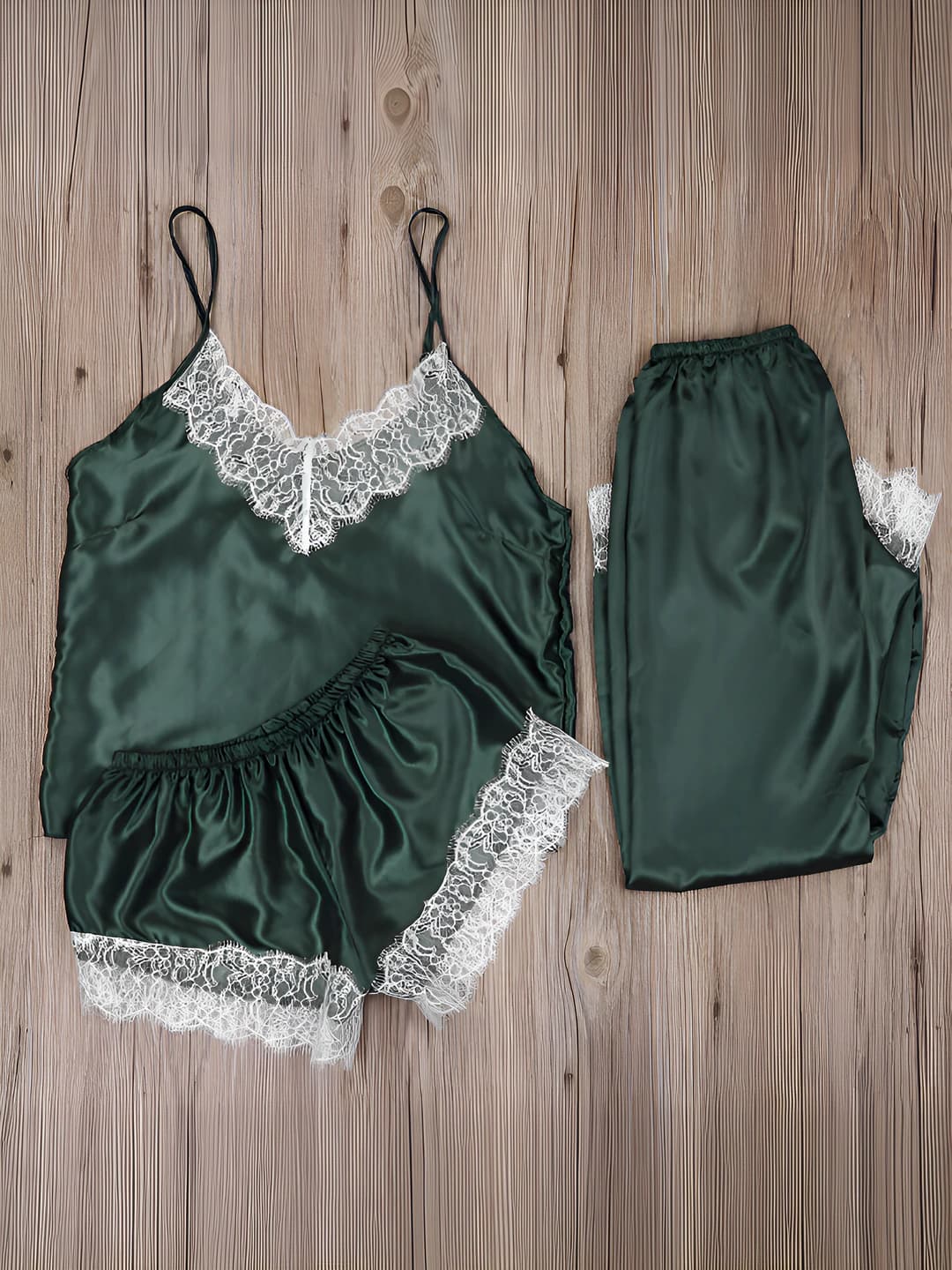 Ayollar uchun saten va krepdan yupqa uzun shimli pijama toʻplami, poliester mato