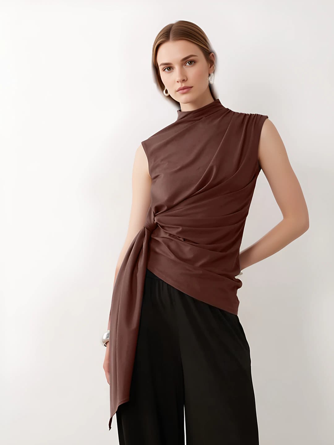 Women's summer stretch sleeveless tank top with stand collar, slim fit, solid colour, asymmetric hem