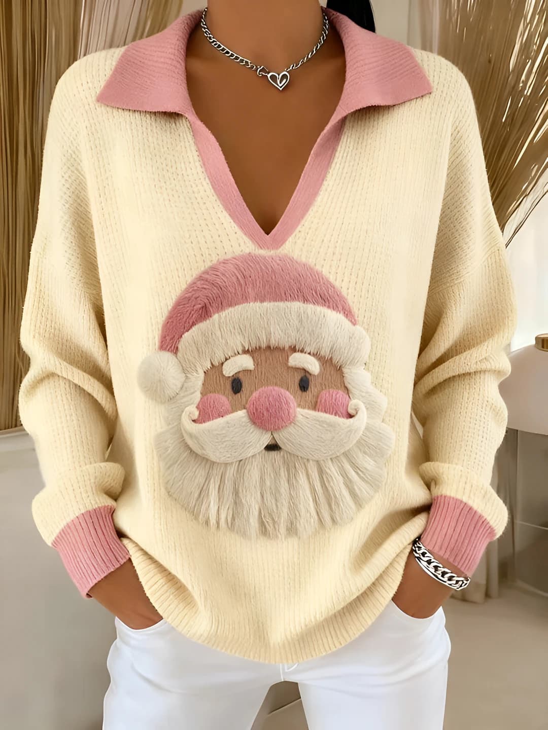 Women's autumn-winter V-neck long sleeve slim fit retro casual sweater