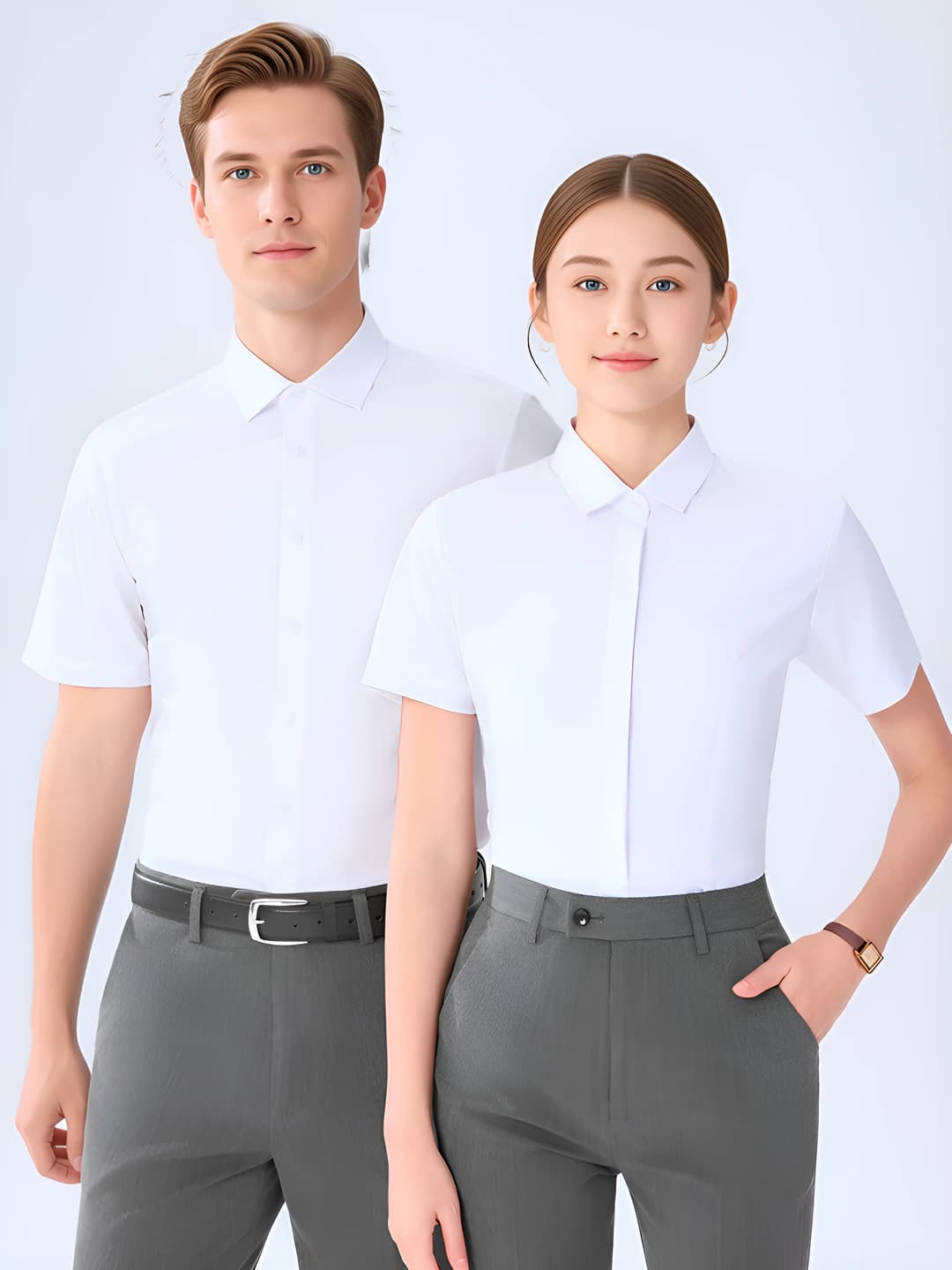 Ayollar uchun kalta yengli biznes ko'ylak-shirt, yozgi, bir rangli, 70-80% polyester va modal aralash, oddiy kesim, kvadrat yoqa, yopiq qo'lda yopish