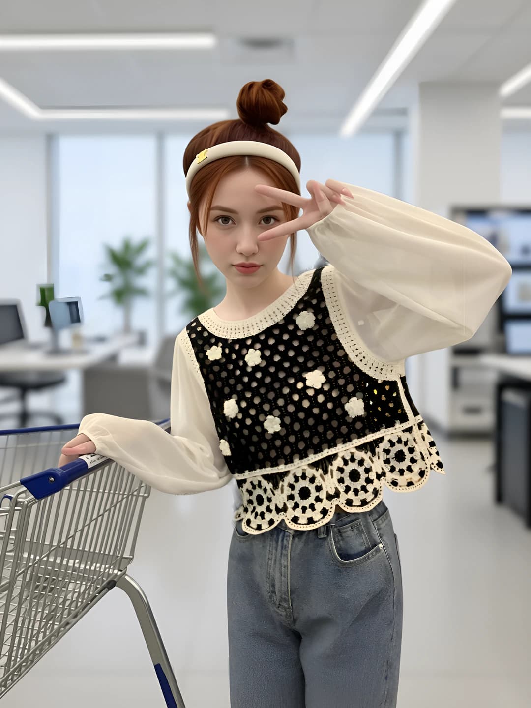 Women's long sleeve knit top with openwork overlay, polka dot pattern, slimming, 2026 autumn