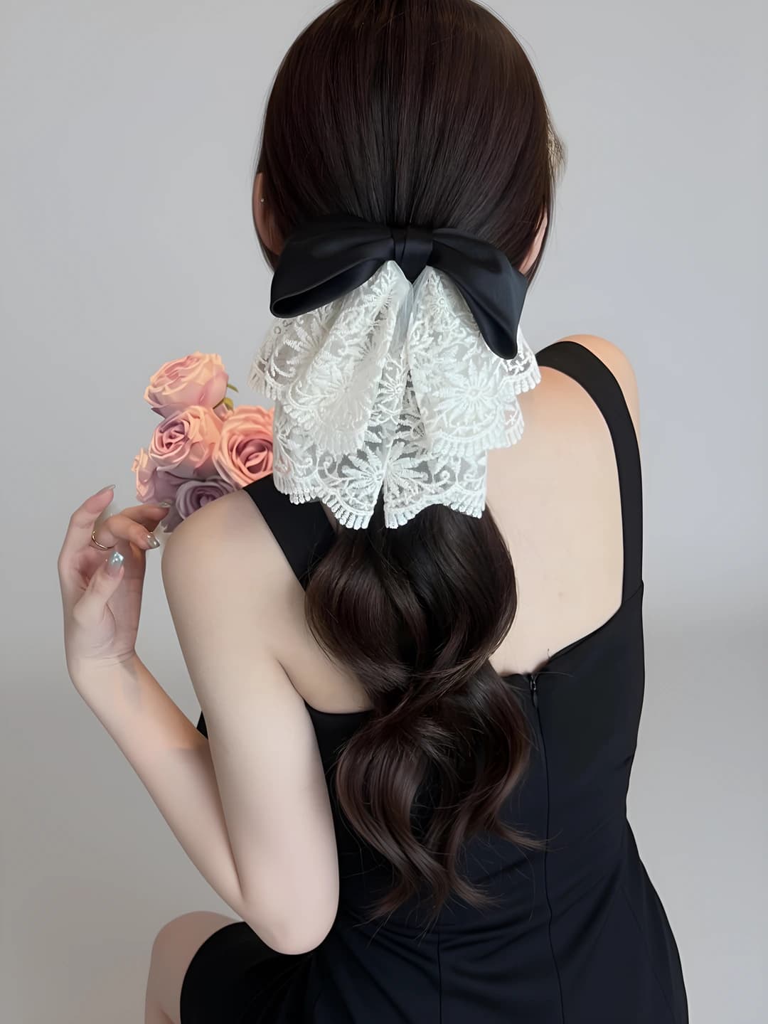 1# Beige lace, black bow clip - 15 cm, ribbon 14 cm