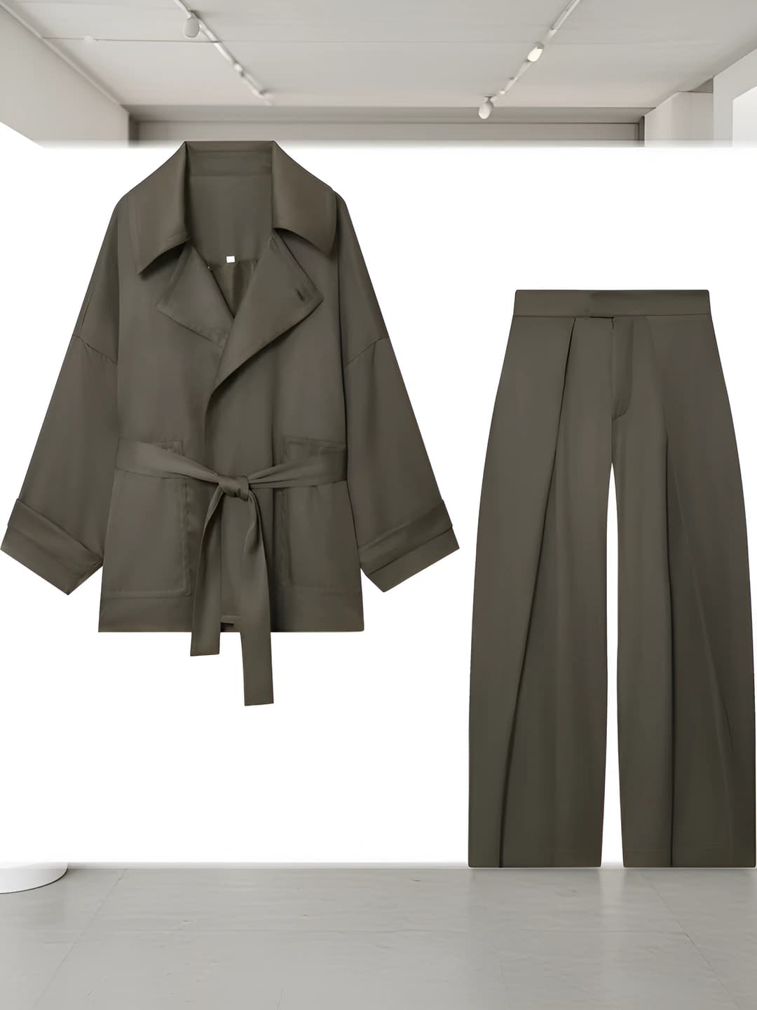 Women's belted jacket and wide-leg trousers set: lapel collar, long sleeve, solid colour, medium thickness, regular fit
