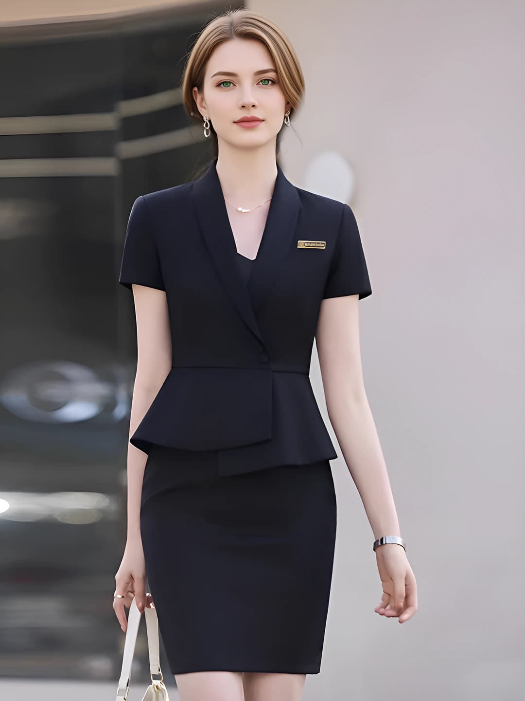 Women's 2026 summer business suit set with skirt, short sleeve, slim fit, solid colour (peplum blazer and skirt)