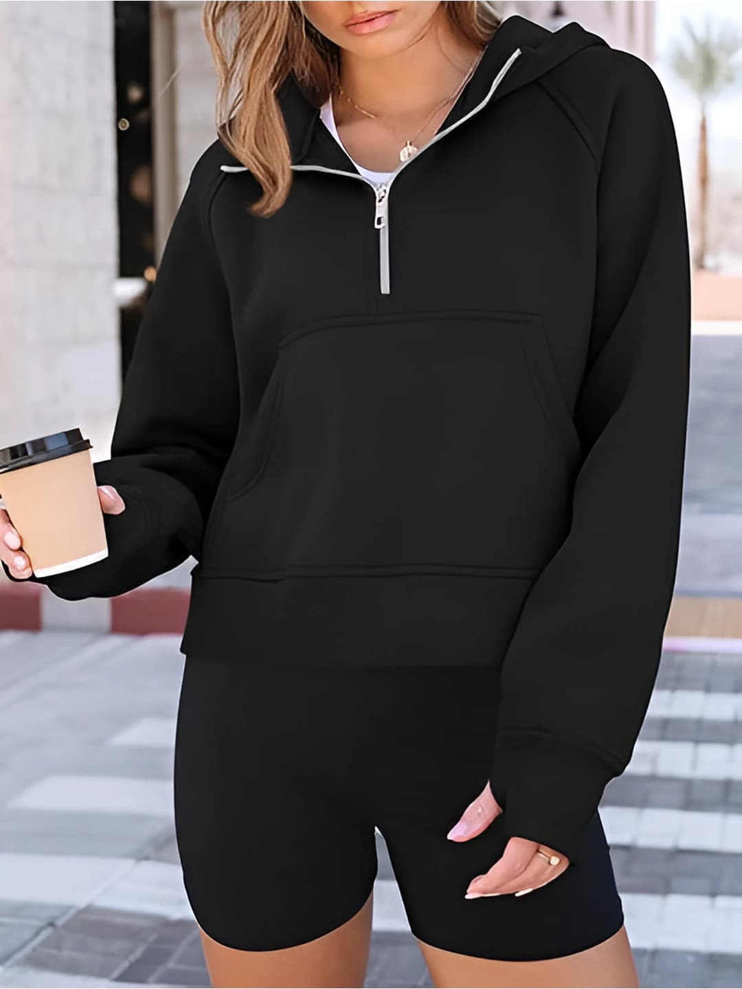 Women's casual solid colour half-zip hoodie, cropped sweatshirt, loose fit, long sleeve, lantern sleeve, zip closure