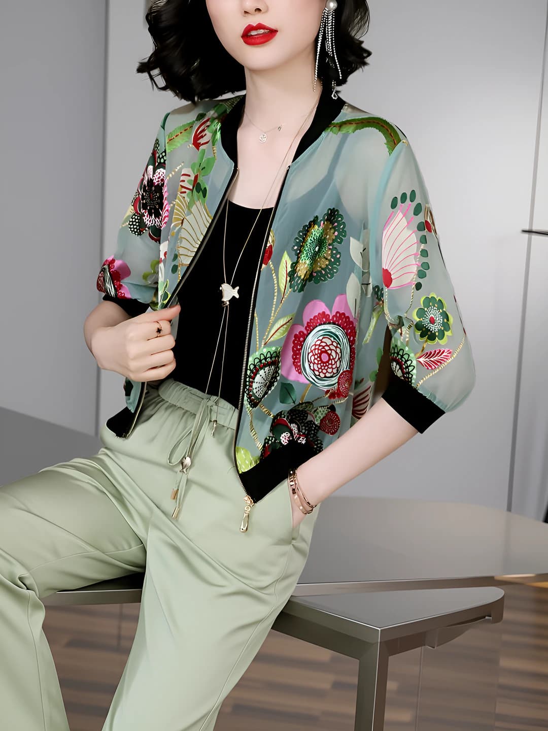 Women's summer thin jacket, long sleeve, printed, crew neck, zip, loose fit, sun-protective