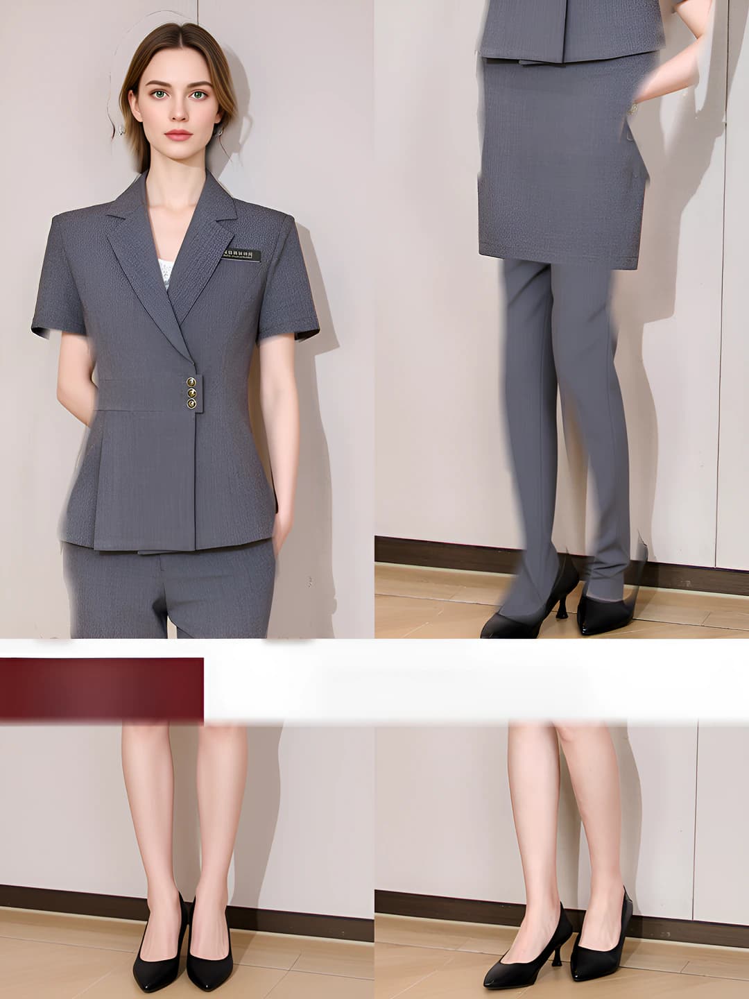 Grey Short-Sleeve Suit + Grey Skirt