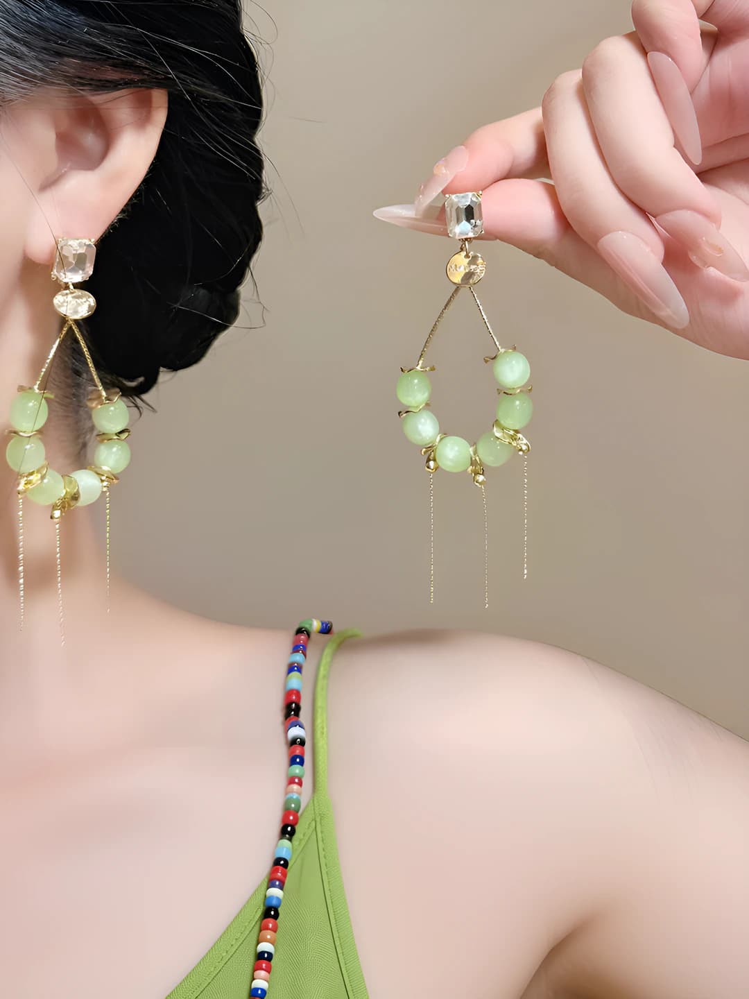 Women's green beaded tassel earrings with geometric shape in simple style