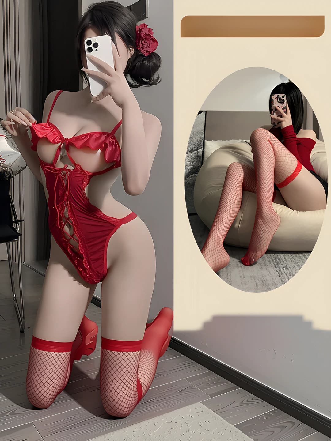 Red + red fishnet stockings