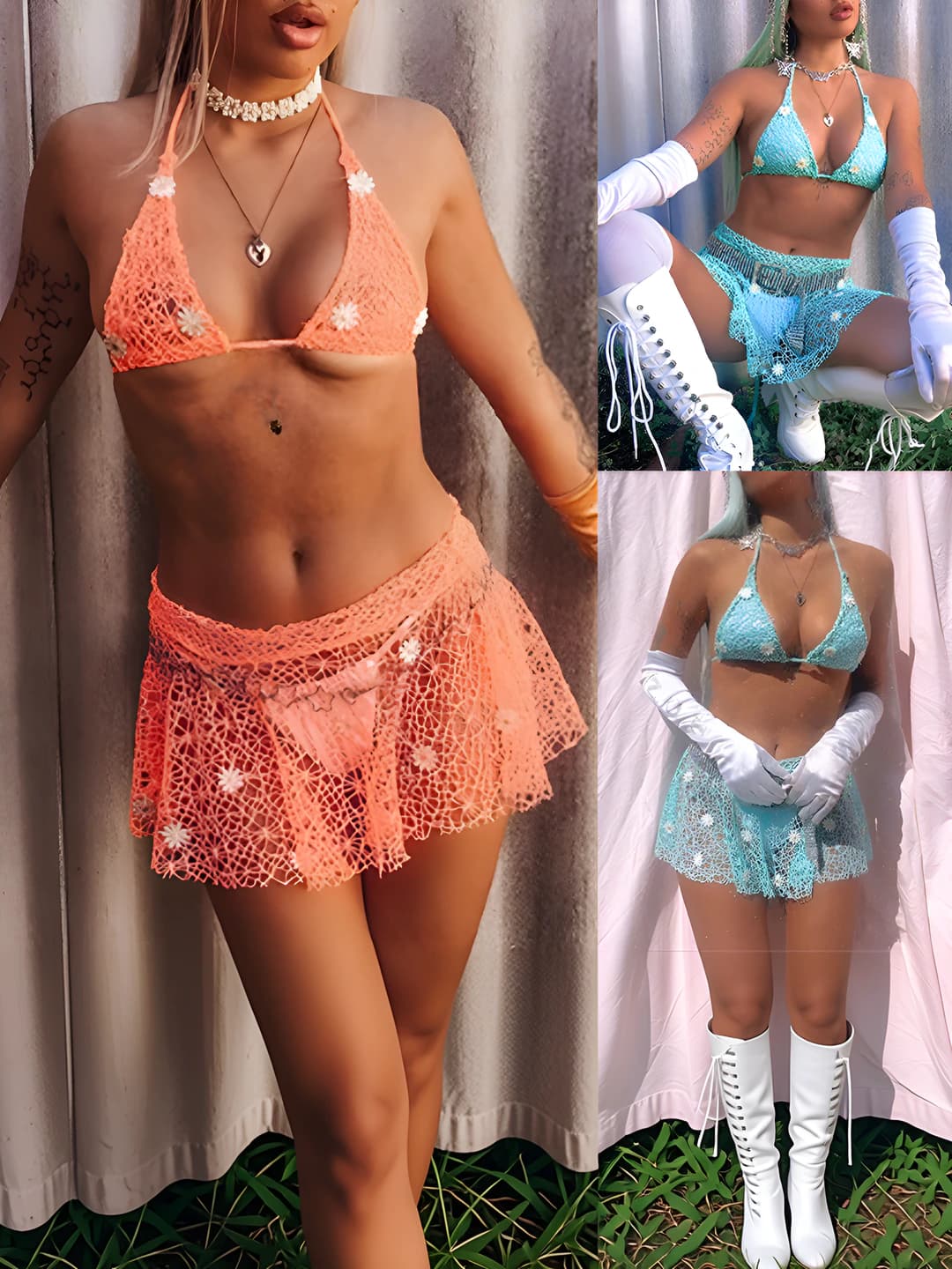 Women's lace lingerie set: halter top and short skirt, three-piece style, open bust, polyester (30%–50%)