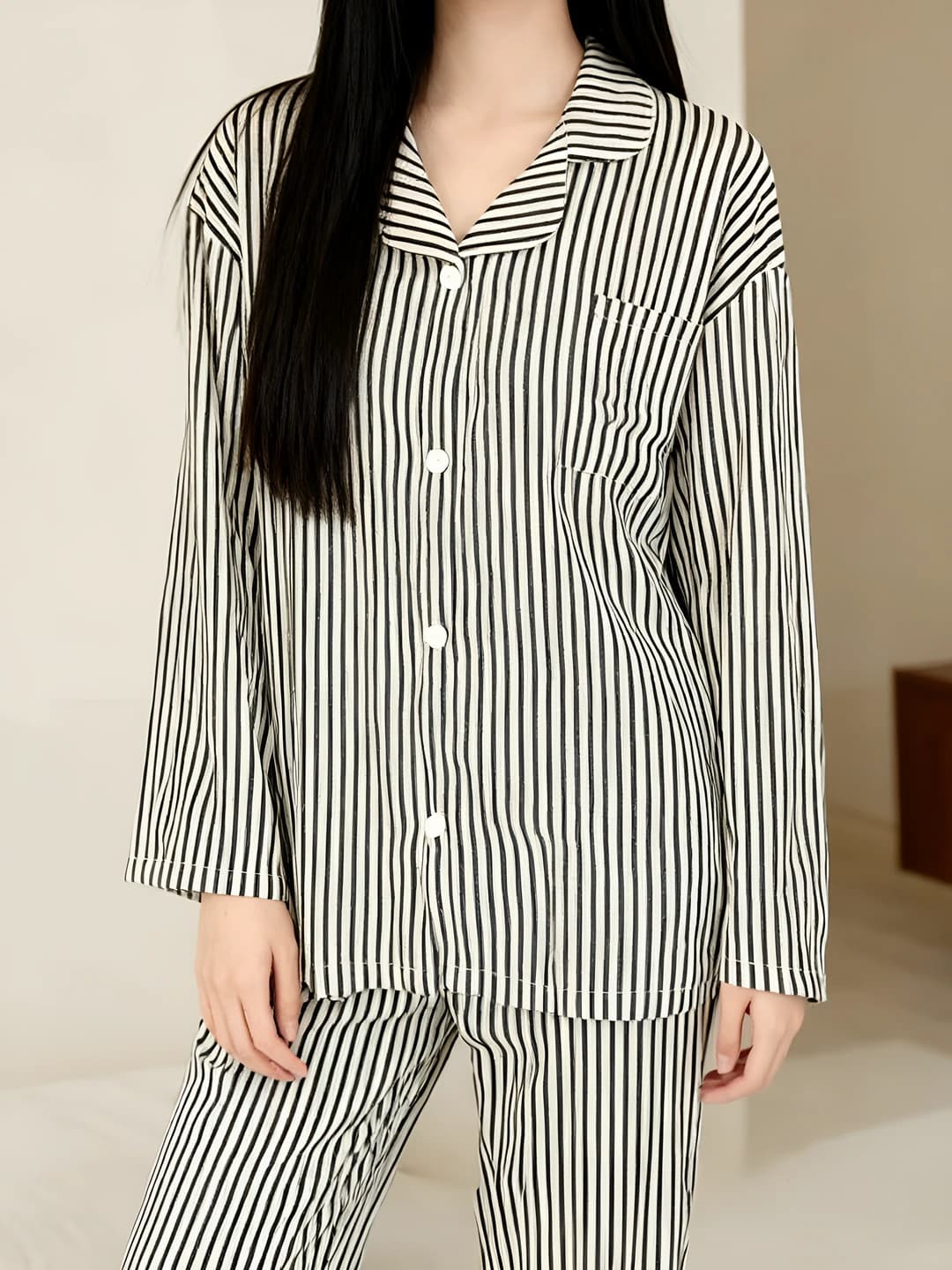 Women's striped pajama set, autumn-winter, long sleeve, thin, loose fit, lapel collar, trousers, polyester