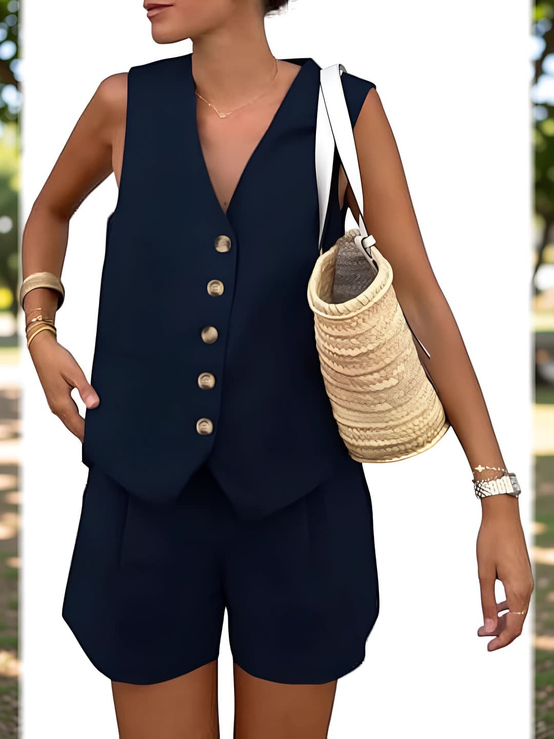 Women's solid colour sleeveless vest and shorts set, casual, all-season