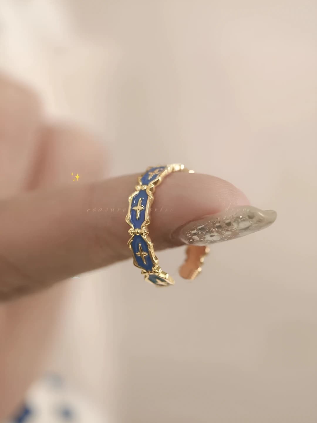 Women's enamel ring with zircon, geometric shape, blue-green color, Korea-Japan style