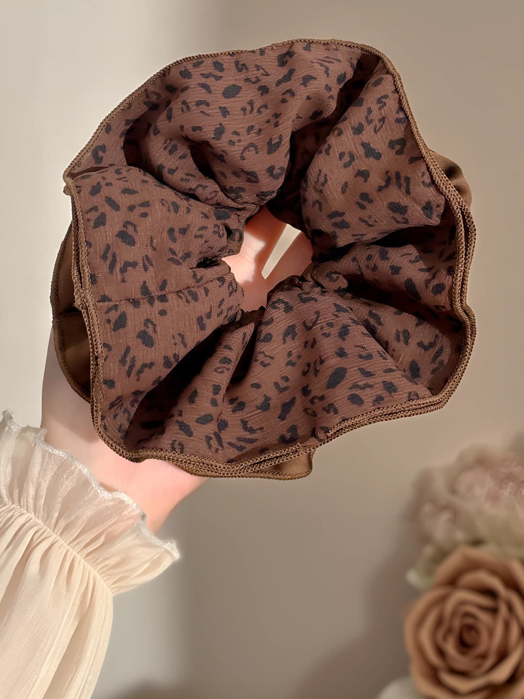 Dark coffee leopard scrunchie ~15 cm