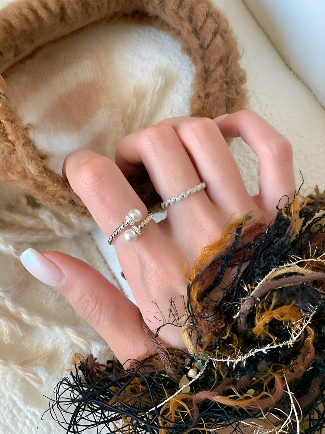 Women's open ring for index finger with two pearls, cable knit design, silver 925 plated