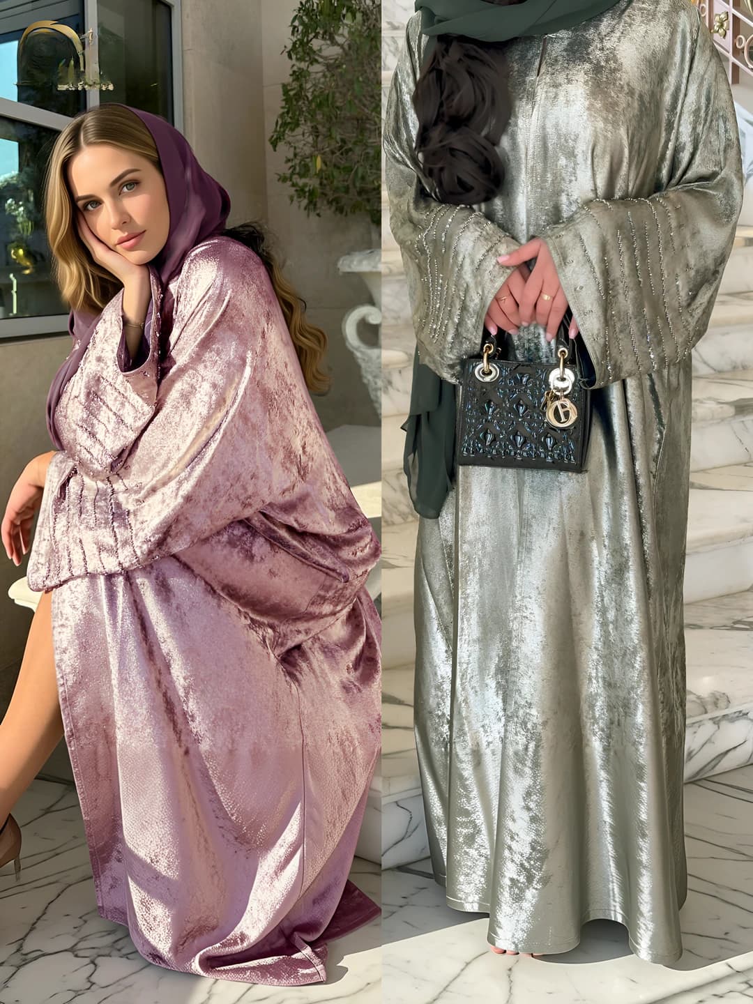 Women's long abaya-style dress, crew neck, long sleeve, solid colour, 3D pattern, polyester fabric