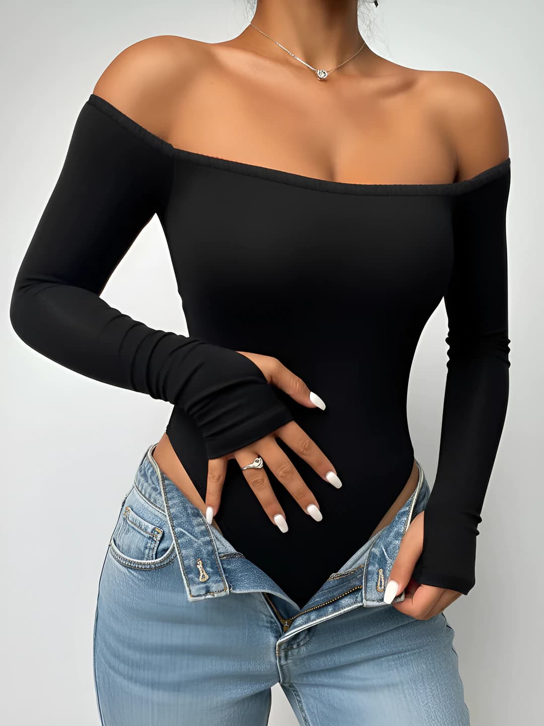Женский боди с длинным рукавом и вырезом off-shoulder, эластичный, однотонный, средняя толщина