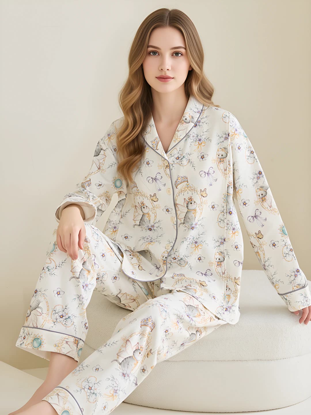Women's pure cotton antibacterial pajama set with removable bra pads, long sleeve, trousers, spring-summer-autumn
