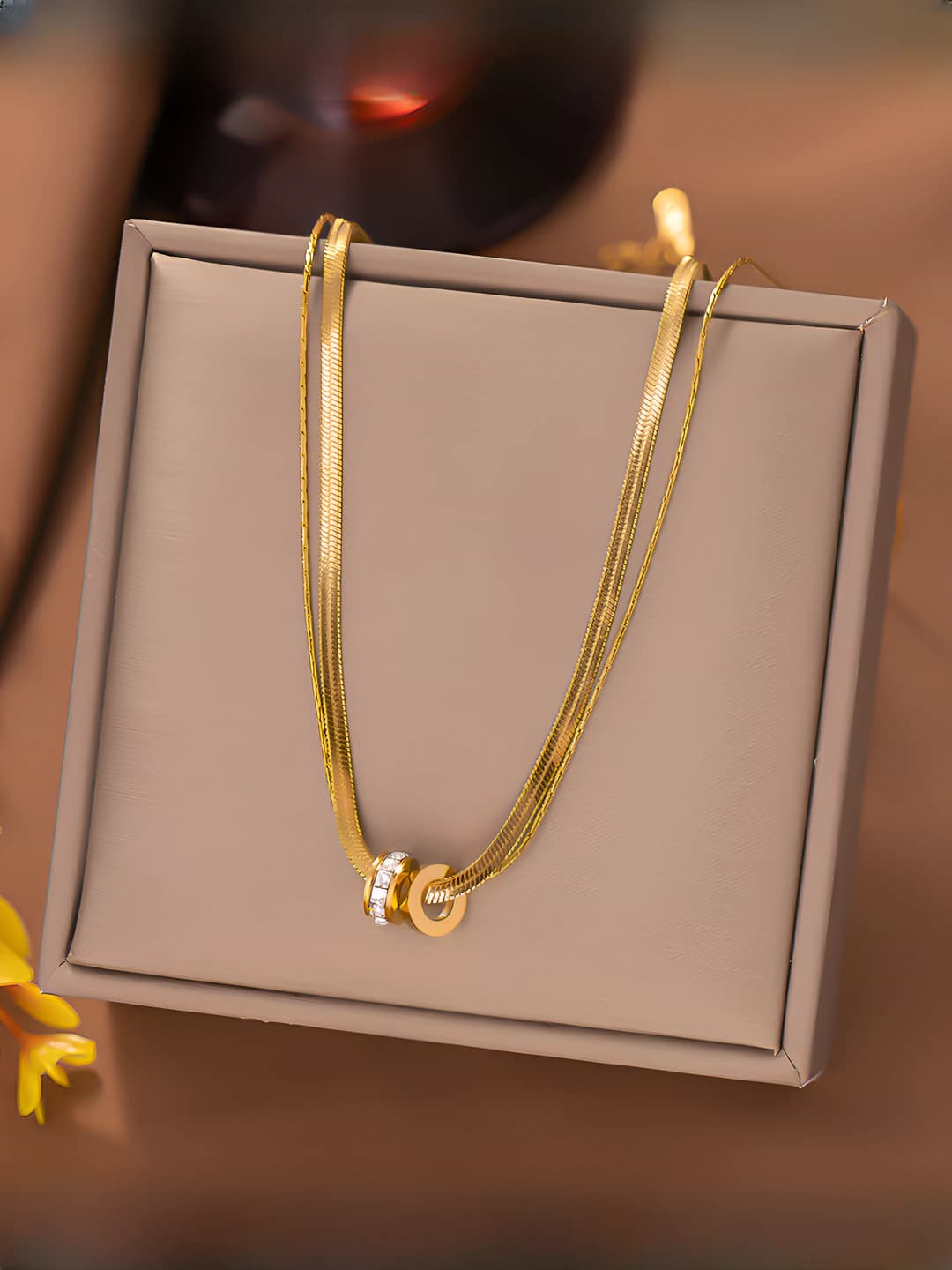Women's titanium steel double snake chain necklace with full diamond round pendant in Korean style