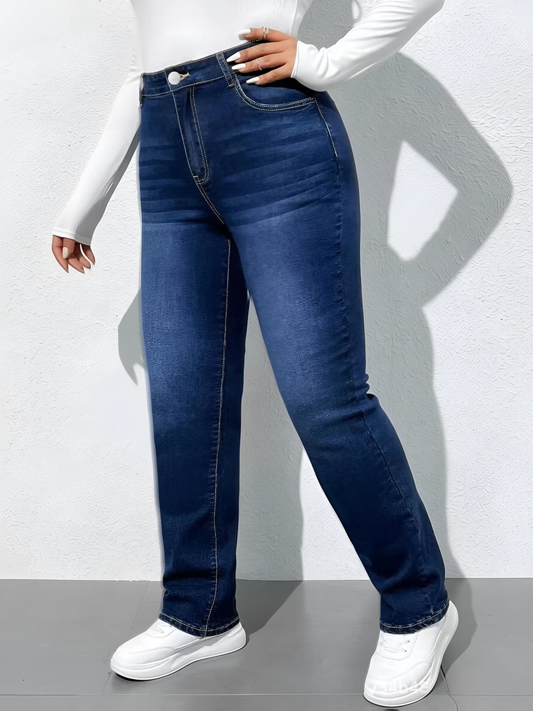 Women's straight cut stretch jeans, dark blue, casual style
