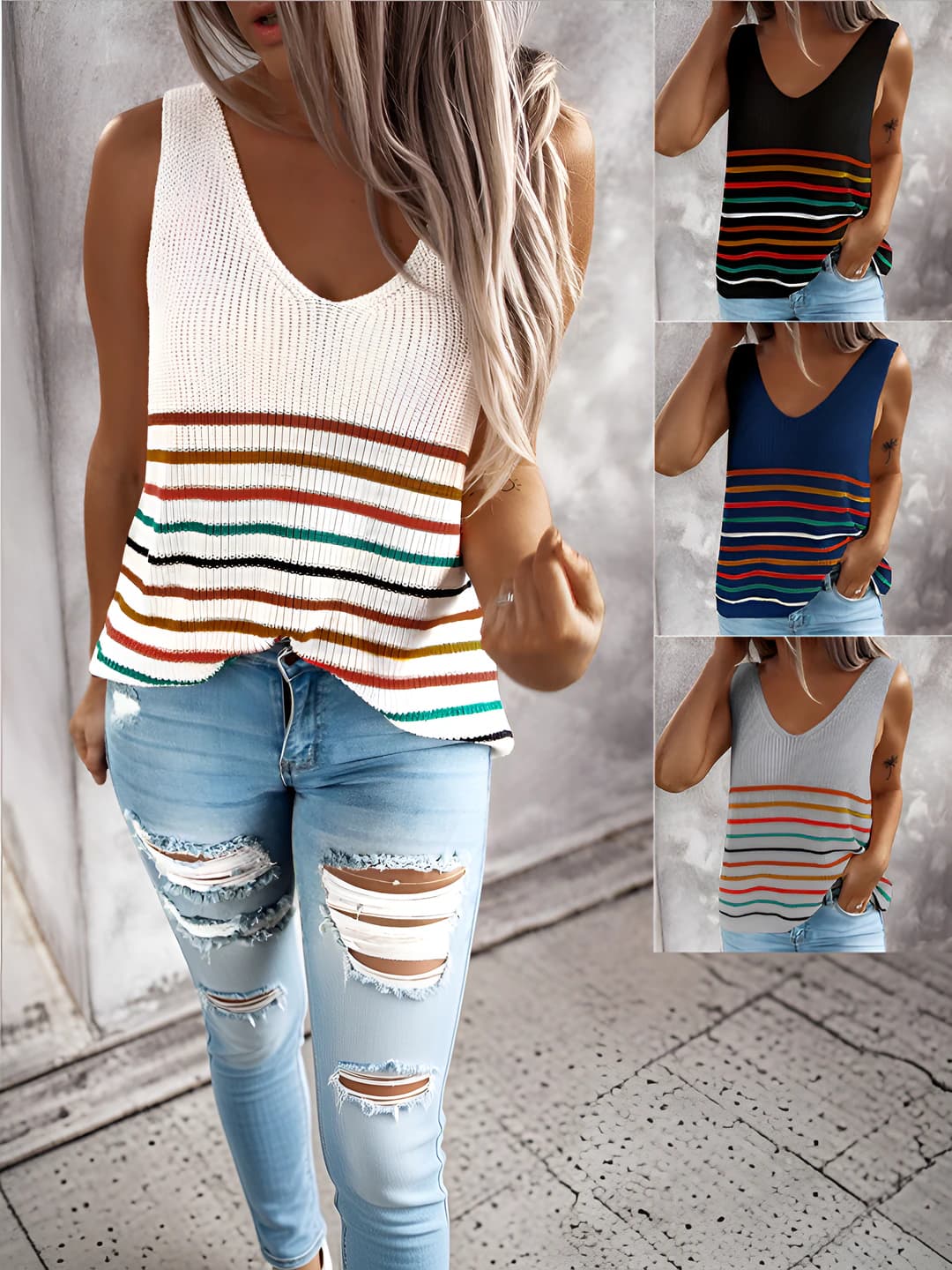 Women's knit top: V-neck, sleeveless, striped, loose fit, casual style