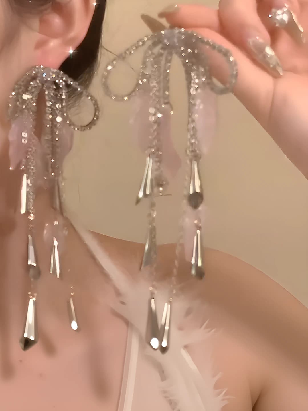 Women's bow tassel drop earrings with rhinestone inlay, vacation style