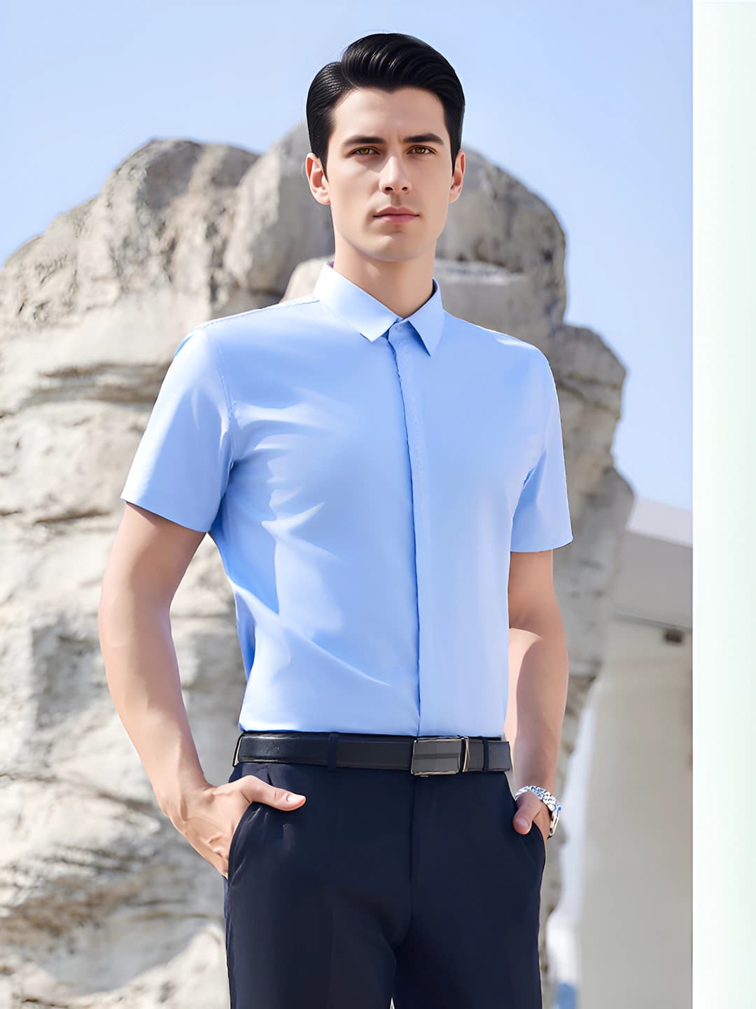 Erkaklar uchun moviy qisqa yengli ko'ylak