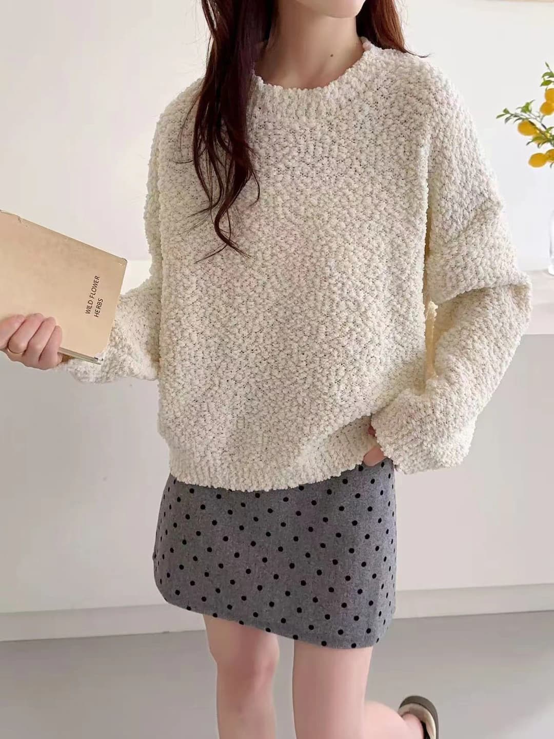 Women's Korean style loose fit knit sweater, autumn-winter, crew neck, long sleeve, solid colour, macaron colours
