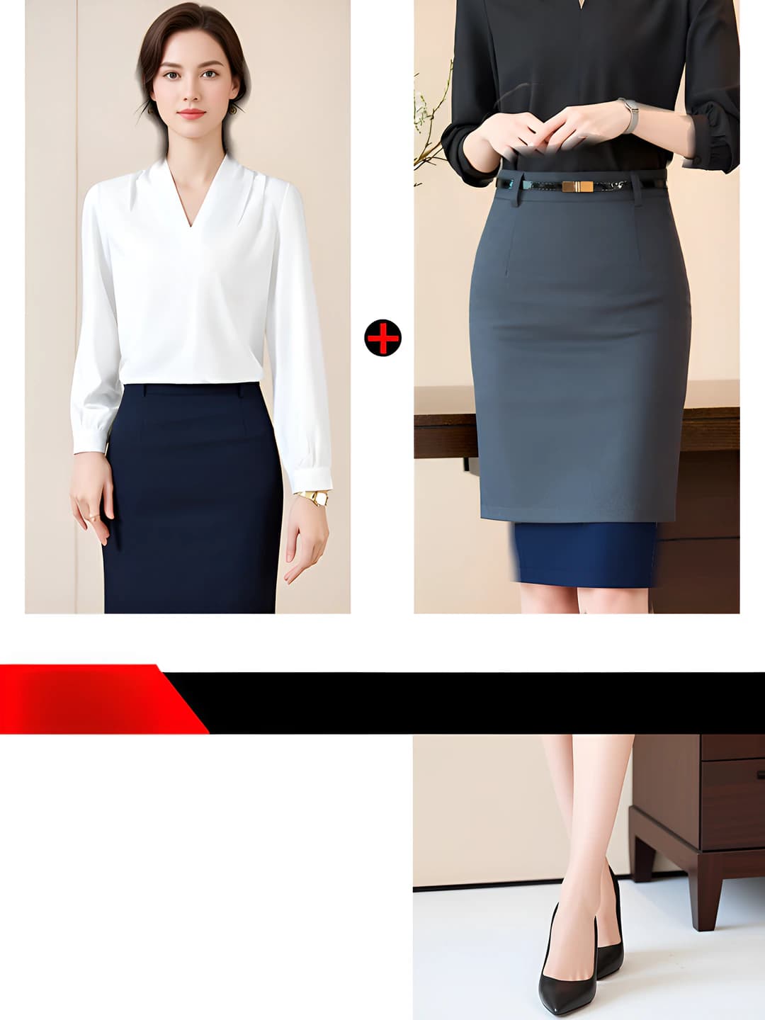 White shirt + gray skirt