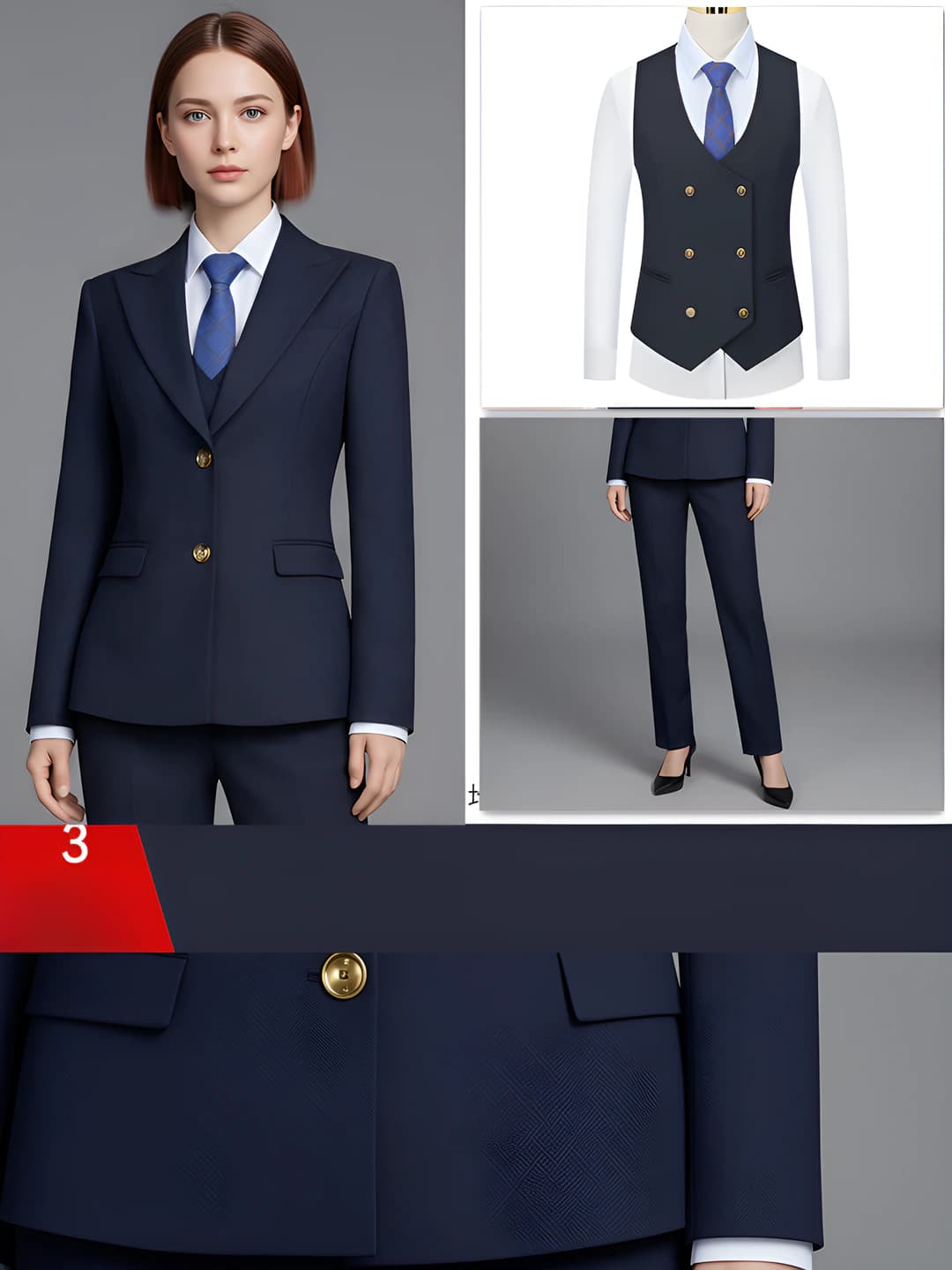 Ayol: To'q ko'k kostyum + vest + shim