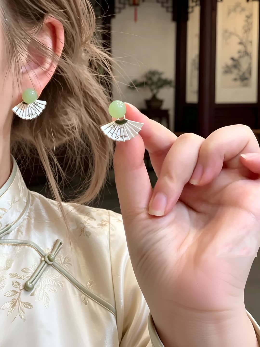 Women's retro style earrings with geometric design, fan and triangle elements