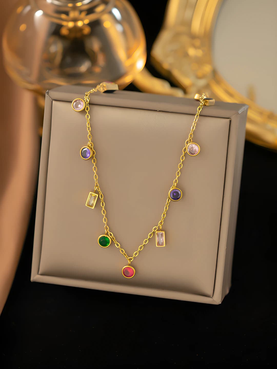 Women's multi-color tassel necklace in 18K gold-plated titanium steel with zircon, O-link chain