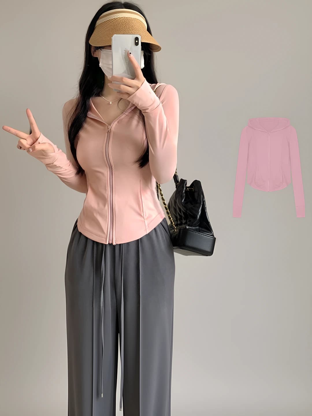 Women's sun-protective hooded jacket with zip, UPF50+, slim fit, long sleeve, solid colour