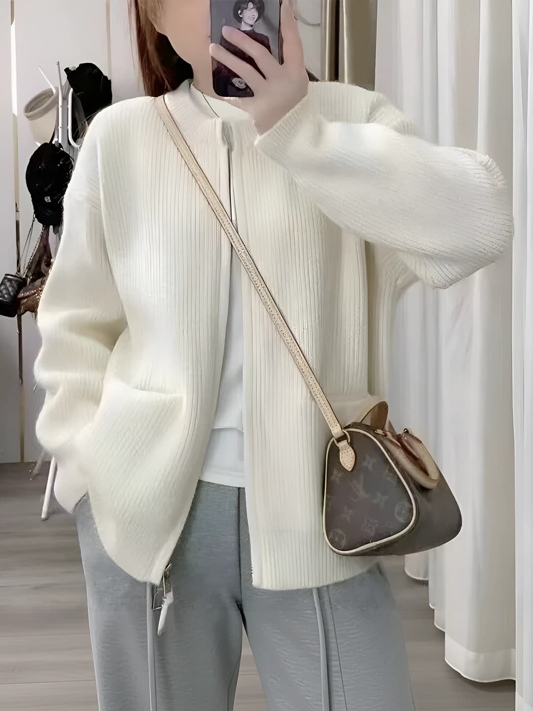 Women's autumn Korean style crew neck slimming solid colour double zip cropped cardigan for petite, loose fit