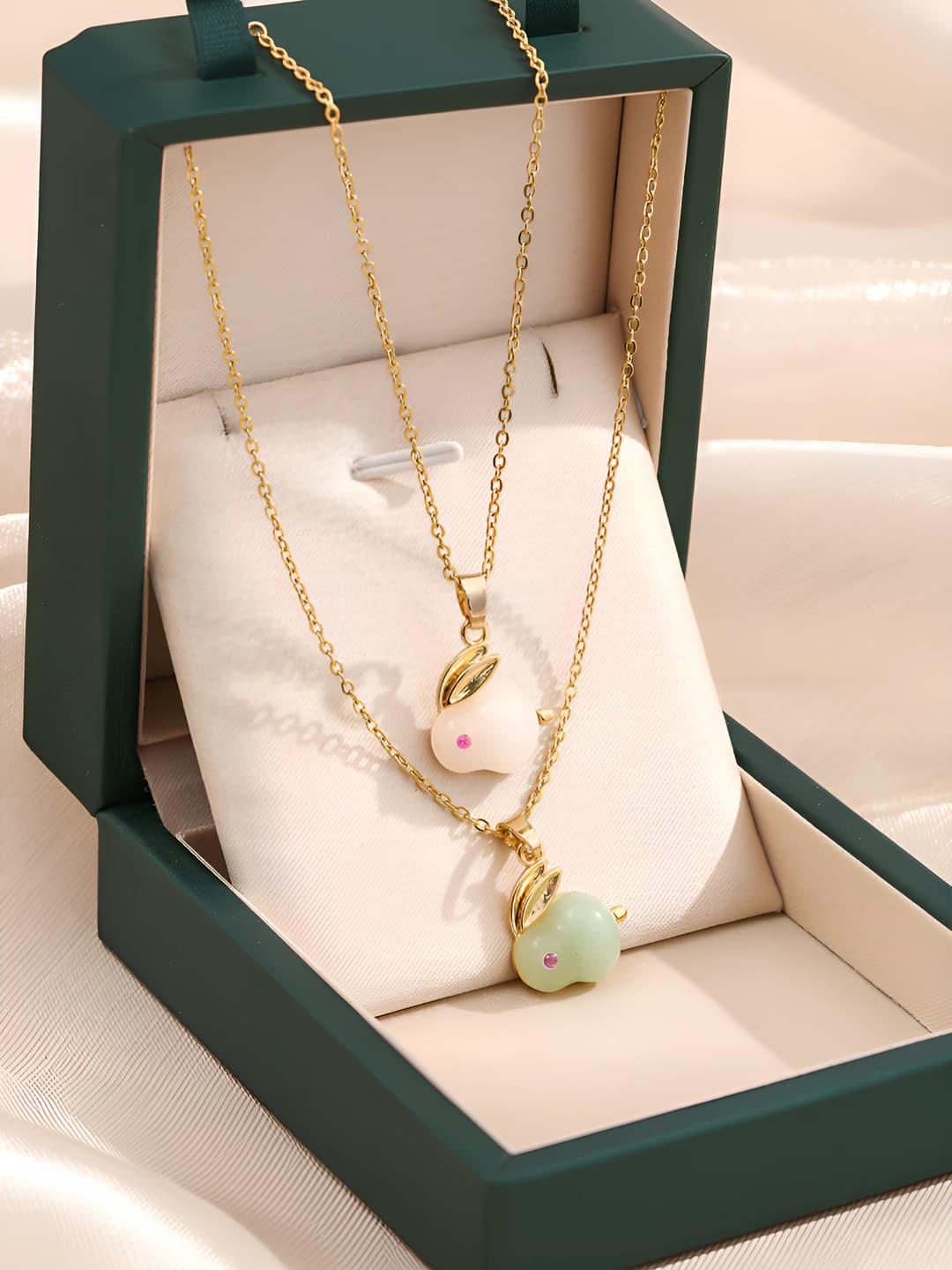 Women's titanium steel chain necklace with white jade imitation rabbit pendant, Chinese style