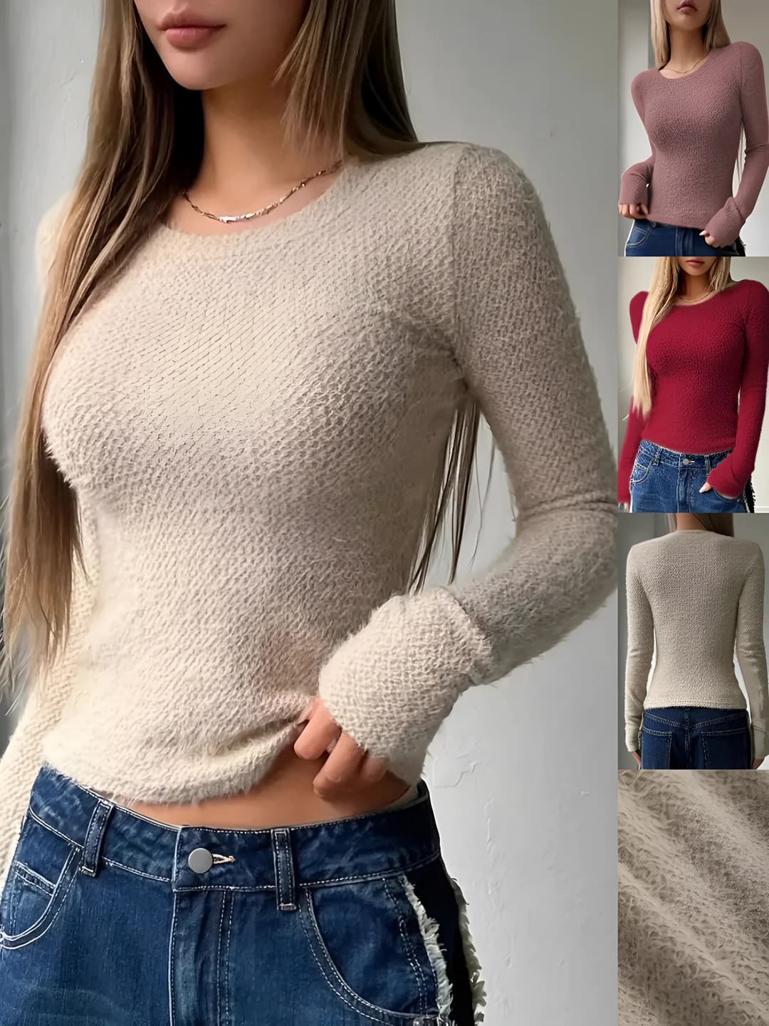 Women's 2026 slim fit crew neck long sleeve knit top, solid colour, cropped, slimming