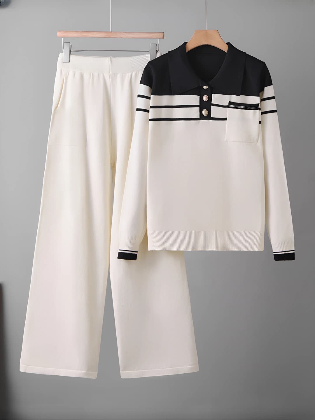 Women's striped knitted suit: sweater and wide-leg trousers, loose fit, casual set, 2026
